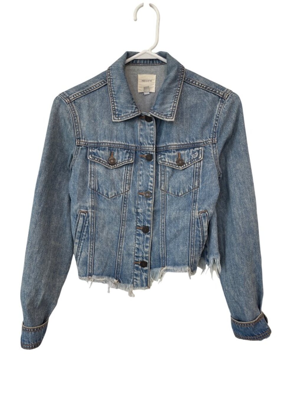 Hidden Denim Jacket Small Asymmetric Crop Fray Hem Button Front Classic Denim
